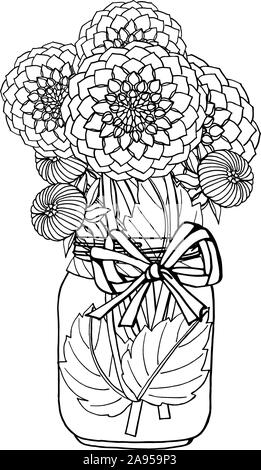 Hand gezeichnet doodle Style schwarz und weiß Bouquet von Dahlia Blumen im Marmeladenglas Vase. auf weißem Hintergrund. Stock Vektor