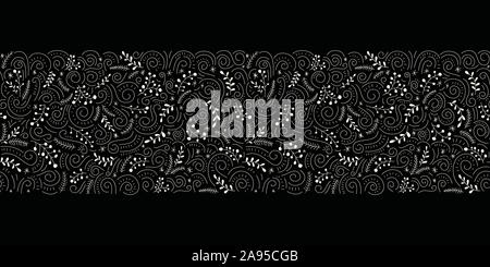 HWhite abstrakte Doodle Weihnachten Laub, Heiligen Beeren, Mistel, Tanne und Kiefer Niederlassungen auf schwarzem Hintergrund horizontale Vektor nahtlose Grenze. M Stock Vektor