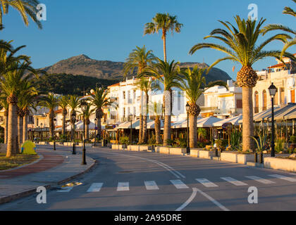 Rethymno, Kreta, Griechenland. Blick entlang der palmengesäumten Strandpromenade, Sonnenaufgang. Stockfoto