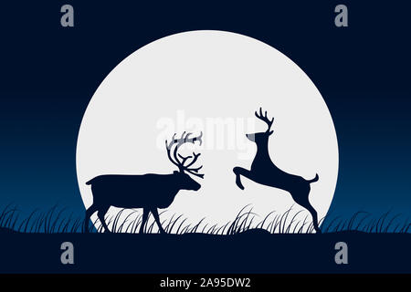 Silhouette von zwei Hirsche stehen auf einem Hügel mit Vollmond im Hintergrund. Stockfoto