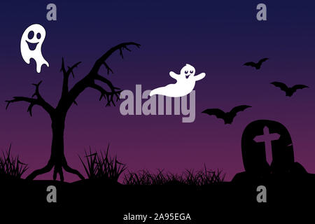 Silhouette Friedhof toter Baum und spooky Weiße Fliegen ghost halloween theme. Stockfoto