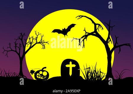 Halloween Kürbisse und beängstigend Fledermäuse über den Friedhof auf Full Moon Hintergrund fliegen. Abbildung kann für Grußkarten, Einladungen und Banner verwendet werden. Stockfoto