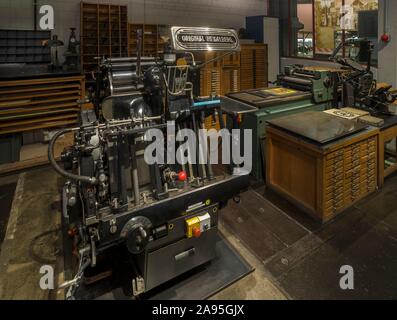 Historische Original Heidelberg Druckmaschine von 1950, Museum Industriekultur, Nürnberg, Mittelfranken, Bayern, Deutschland Stockfoto