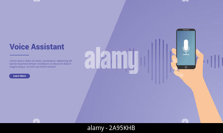 Voice assistant technology mit Hand- und Smartphone für Website Vorlage oder Landung homepage Banner-Vector Illustration Stockfoto