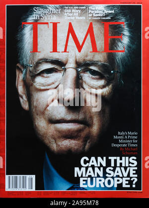 Time Magazine vordere Abdeckung, 20. Februar 2012 mit Mario Monti, dem ehemaligen italienischen Ministerpräsidenten Stockfoto