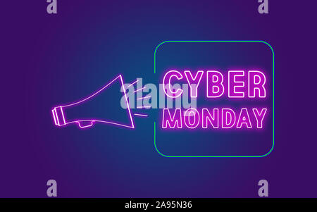 Cyber Monday Konzept mit Neonfarben agains violette Farbverlauf Hintergrund. Unternehmen, Finanzen, Technologie und Umwelt Vorstellungen über trendy Lila p Stockfoto