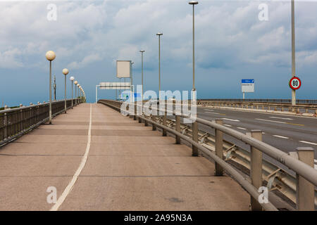 Bin Rollerdamm, Fußgänger- und Radweg auf der Brigittenauer Brücke über die Donau, Wien, Österreich Stockfoto