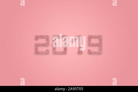 Jahr 2019 mit Dominos in abstrakte Pastell Coral Pink Farbe malen mit Pastell rosa Hintergrund gemacht. Kreatives Konzept Komposition mit kopieren. Minderen Stockfoto