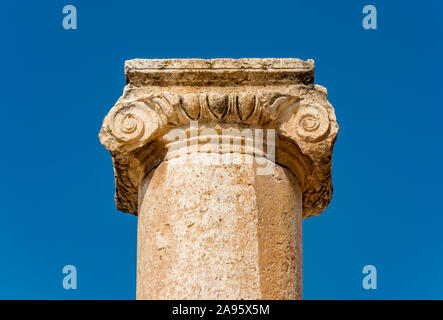 Nahaufnahme der Spalte Kapital mit ovalen Plaza (Forum), Jerash, Jordanien Stockfoto