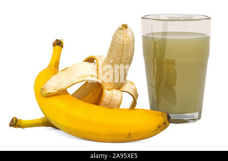 Glas Banane Saft mit Bananen, 3D-Rendering auf weißem Hintergrund Stockfoto