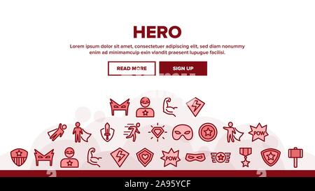 Super Hero Landung Webseite Header Banner Vorlage Vektor. Held Superman Silhouette und Captain America, Gesichtsmaske und Schild Abbildung Stock Vektor