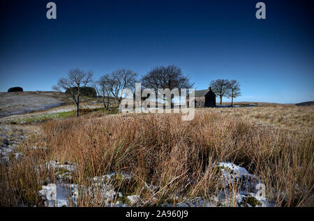 Remote einsamen Landhaus aus Stein, die von einer kleinen Gruppe von Bäumen in Leer Moorlandschaft umgeben mit leichter Schnee auf dem Boden und blauer Himmel Stockfoto