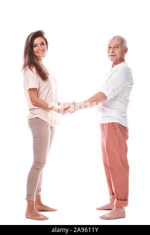 Schöne Frau und ihre eldelry Vater auf weißem Hintergrund Stockfoto