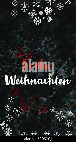 Abbildung mit 'Frohe Weihnachten in deutscher Sprache geschrieben, mit Sternen und Dekorationen. Weihnachten Modell für Web, Tapeten, digitale Grafiken Stockfoto