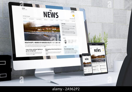 Reaktionsschnelle Geräte angezeigt Schnelle Nachrichten Web site auf dem Desktop 3D-Rendering Stockfoto