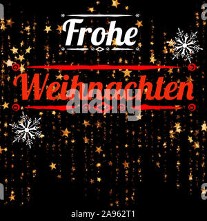 Abbildung mit 'Frohe Weihnachten in deutscher Sprache geschrieben, mit Sternen und Dekorationen. Weihnachten Modell für Web, Tapeten, digitale Grafiken Stockfoto