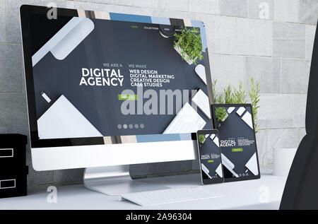 Reaktionsschnelle Geräte angezeigt Schnelle digitale Website der Agentur auf dem Desktop 3D-Rendering Stockfoto