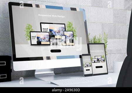 Schnelle Geräte mit reaktionsschnellen Web Design auf dem Desktop 3D-Rendering Stockfoto