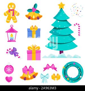 Weihnachten und Neujahr Symbole gesetzt. Für die Gestaltung der Grußkarten. Stock Vektor