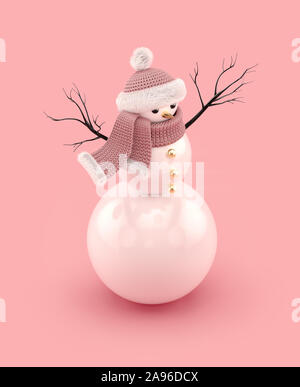 Weihnachten Schneemann in eine gestrickte Mütze und Schal auf rosa Hintergrund. Frohes Neues Jahr Konzept. 3D-Rendering. Stockfoto