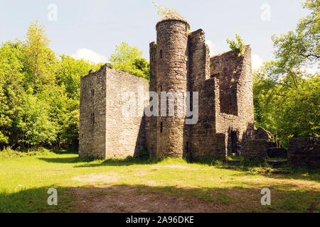 Bleibt der Fantasie Schloss in gemischten Stilen gebaut. Es hat Irische runden Turm und normannischen Stil halten. Am Ufer des Flusses Glenary. Stockfoto