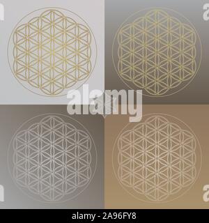 Blume des Lebens die Abbildungen in Gold und Grau gefärbte Gradienten - 4 Reihen der Heiligen Geometrie auf Hintergrund Stock Vektor