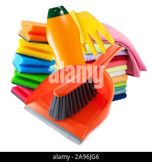 Haushalt Reinigung Produkte vor weißem Hintergrund Stockfoto