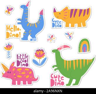 Verschiedene Aufkleber mit coolen Dinosaurier, Pflanzen und Schriftzug. Stock Vektor