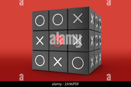 Yin Yang Symbol löst ein Tick Tac Toe Spiel auf roten Hintergrund. Bild mit hoher Auflösung mit kopieren. Realistische Schatten fällt auf Hintergrund. Busine Stockfoto