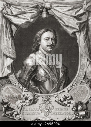 Peter der Große, Peter I oder Pjotr Alexeyevich Romanov, 1672 - 1725. Zar von Russland. Nach dem Drucken von Jacob Houbraken, nach einem Werk von Carel de Moor (II). Stockfoto