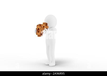 3D-Mann hält Zahnräder gegen den weißen Hintergrund. 3D-Rendering. Stockfoto