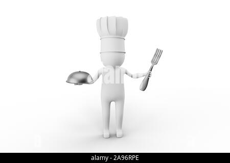 3D-Mann ist ein Koch und halten eine Gabel und eine Metallplatte vor weißem Hintergrund. Einfach für Ihre Anforderungen zuzuschneiden. 3D-Rendering. Stockfoto