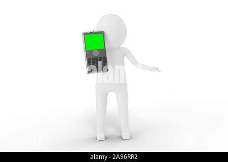 3D-Mann hält ein Rechner gegen den weißen Hintergrund. Einfach für Ihre Anforderungen zuzuschneiden. 3D-Rendering. Stockfoto