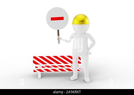 3D-Mann ist ein straßenarbeiter und Halten einer nicht unterschreiben mit Straße Barrieren gegen weißen Hintergrund ein. Hochwertige 3D-Render. Einfach für Ihre des Ernteguts Stockfoto