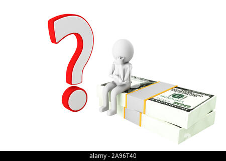3D Mann triyng heraus, eine Antwort zu finden, während er auf US-Dollar bill Stapel Papier gegen den weißen Hintergrund. Hochwertige 3D macht von mehreren stellt f Stockfoto