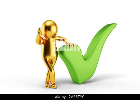 Golden 3D-Mann hält OK Zeichen gegen den weißen Hintergrund. 3D-Rendering. Stockfoto