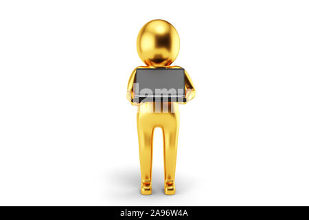Golden 3D-Mann hält ein Laptop gegen den weißen Hintergrund. 3D-Rendering. Stockfoto