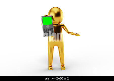 3D-goldenen Mann hält ein Rechner gegen den weißen Hintergrund. 3D-Rendering. Stockfoto