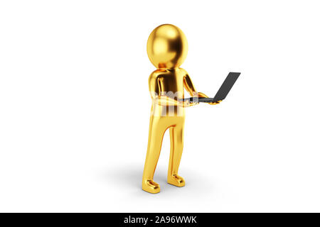 3D-goldenen Mann hält ein Laptop gegen den weißen Hintergrund. 3D-Rendering. Stockfoto