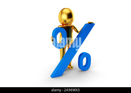 3D-goldenen Mann hält einen blauen Prozentzeichen gegen den weißen Hintergrund. 3D-Rendering. Stockfoto