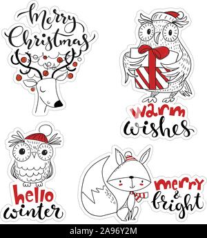 Vektor im skandinavischen Stil Weihnachts Sticker mit Zeichentrickfiguren. Stock Vektor