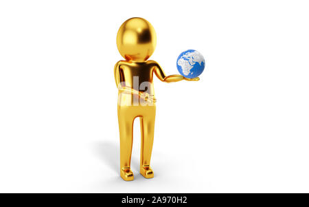 3D-Mann hält eine Kugel gegen den weißen Hintergrund. 3D-Rendering. Stockfoto