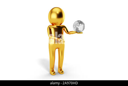 3D-Mann hält eine Kugel gegen den weißen Hintergrund. 3D-Rendering. Stockfoto