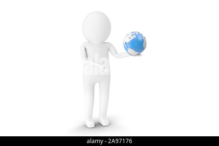 3D-Mann hält eine Kugel gegen den weißen Hintergrund. 3D-Rendering. Stockfoto