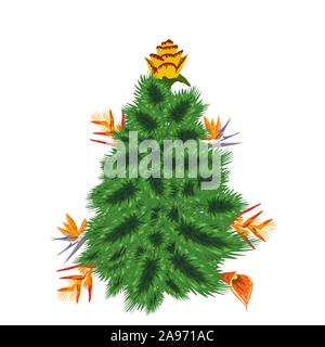 Tropische Weihnachten. Weihnachtsbaum aus tropischen Palmen Blätter und monstera Stock Vektor