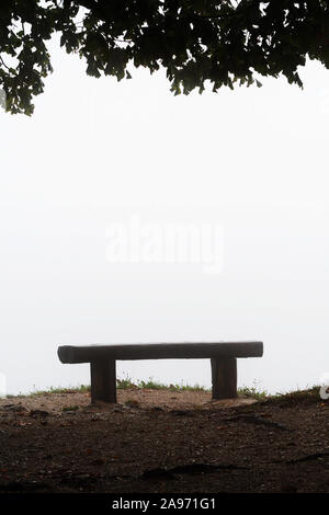 Silhouette eines alten Holzbank am Hügel und Blätter von überhängenden Baum auf Weißen an einem nebligen Tag in Slowenien isoliert. Reisen, Wandern, Atmosphäre Stockfoto
