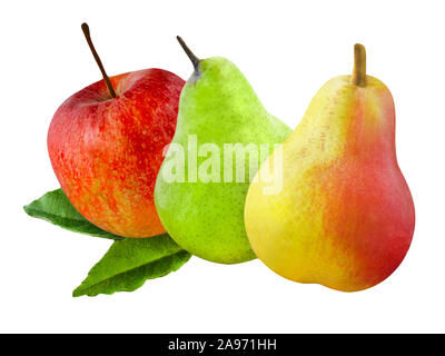 Äpfel und Birnen gegen den weißen Hintergrund Stockfoto