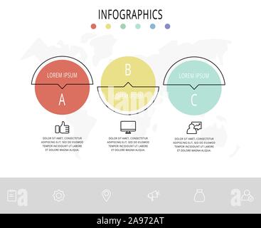 Vektor flache Linie Vorlage Kreis Infografiken. Business Konzept mit 3 Optionen und Pfeile. Drei Schritte für Inhalt, Flussdiagramm, Timeline, Ebenen Stock Vektor