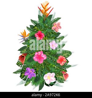 Tropische Weihnachten. Weihnachtsbaum aus tropischen Palmen Blätter und monstera Stock Vektor