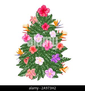 Tropische Weihnachten. Weihnachtsbaum aus tropischen Palmen Blätter und monstera Stock Vektor